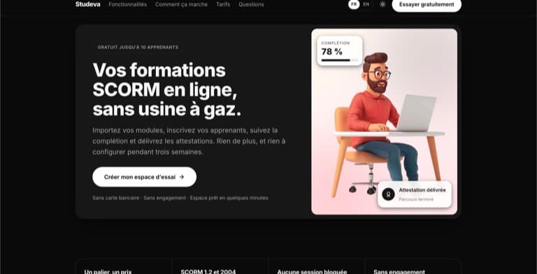 Aperçu du site Studeva — logiciel de formation — produit webcook